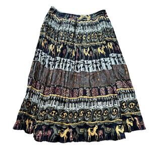 VTG SHORT CIRCUIT Pleated Tribal Midi Skirt Size L Festival Boho Hippie Casual